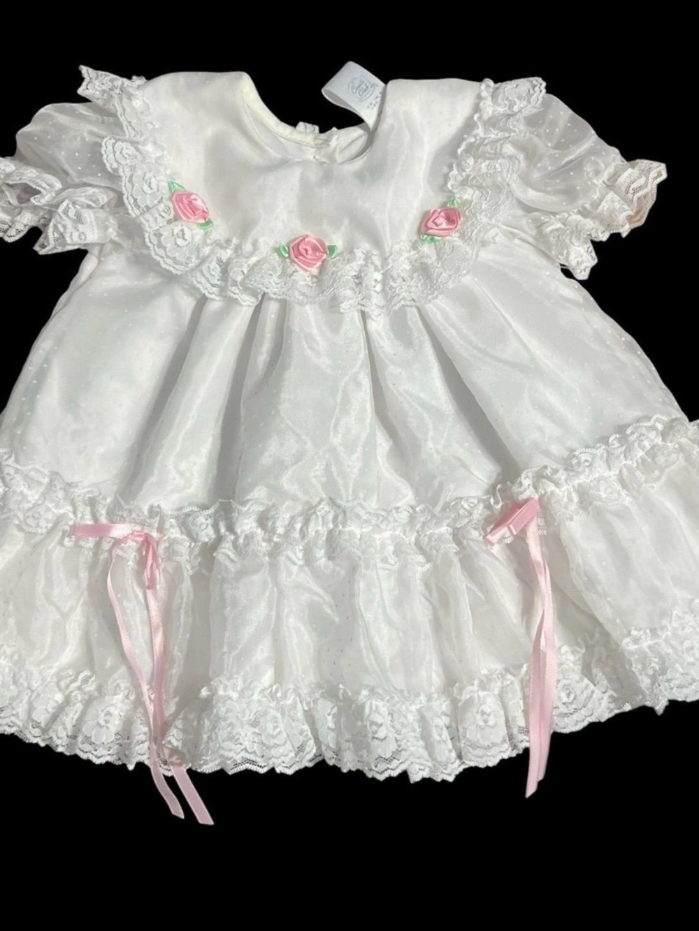 Vintage White Baby Dress with Pink Rose Accents
